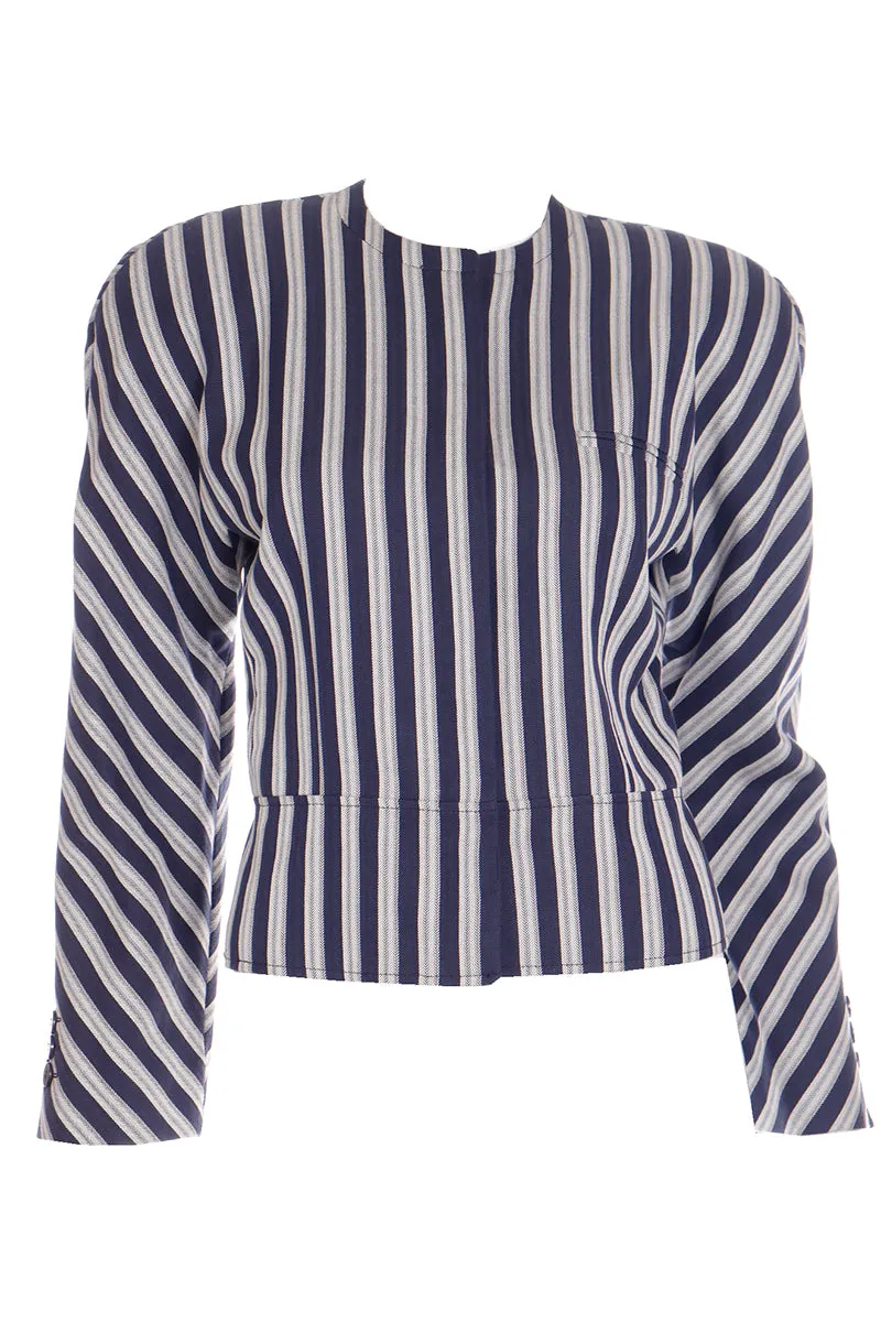 1990s Giorgio Armani Deadstock Navy Blue & White Striped Cropped Jacket
