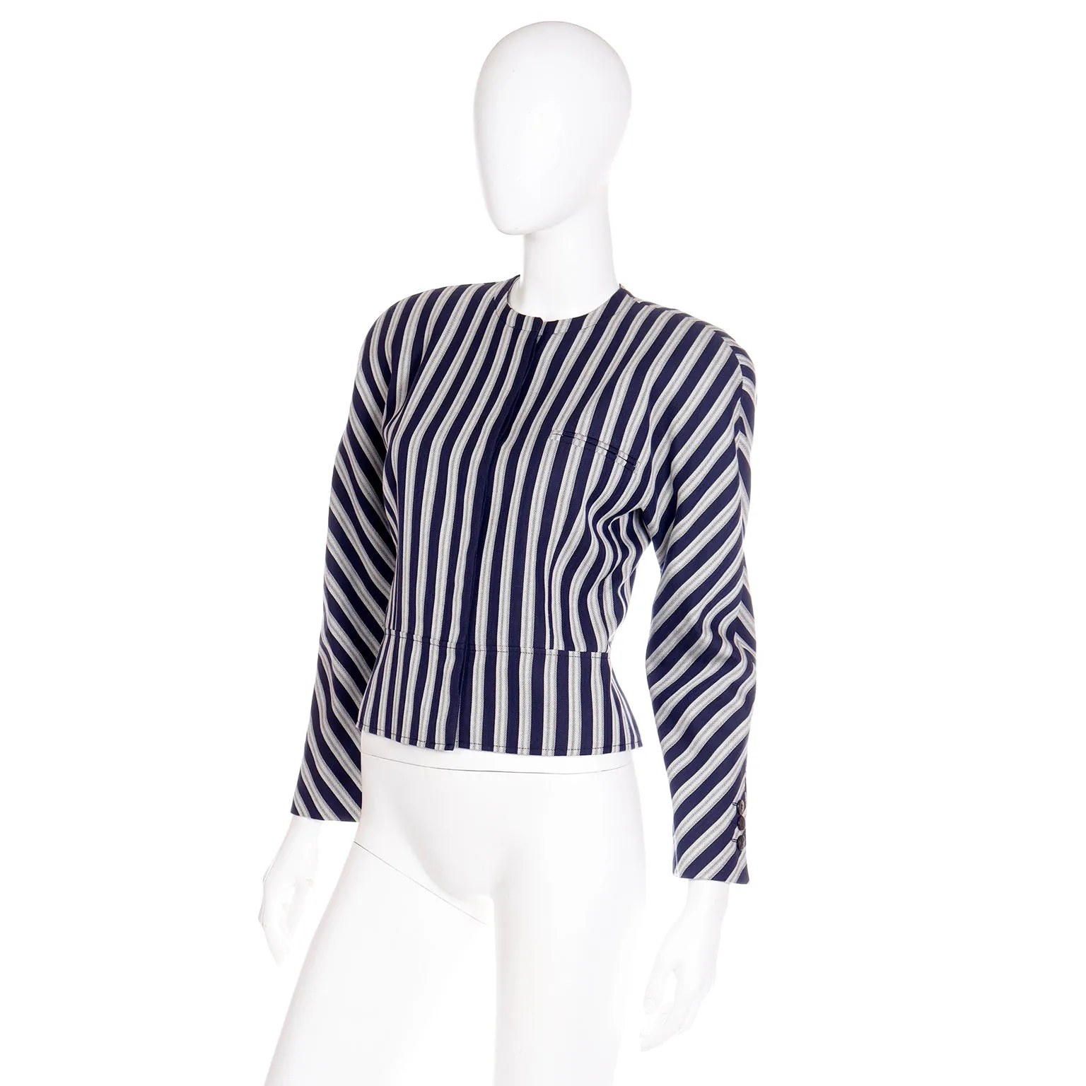 1990s Giorgio Armani Deadstock Navy Blue & White Striped Cropped Jacket