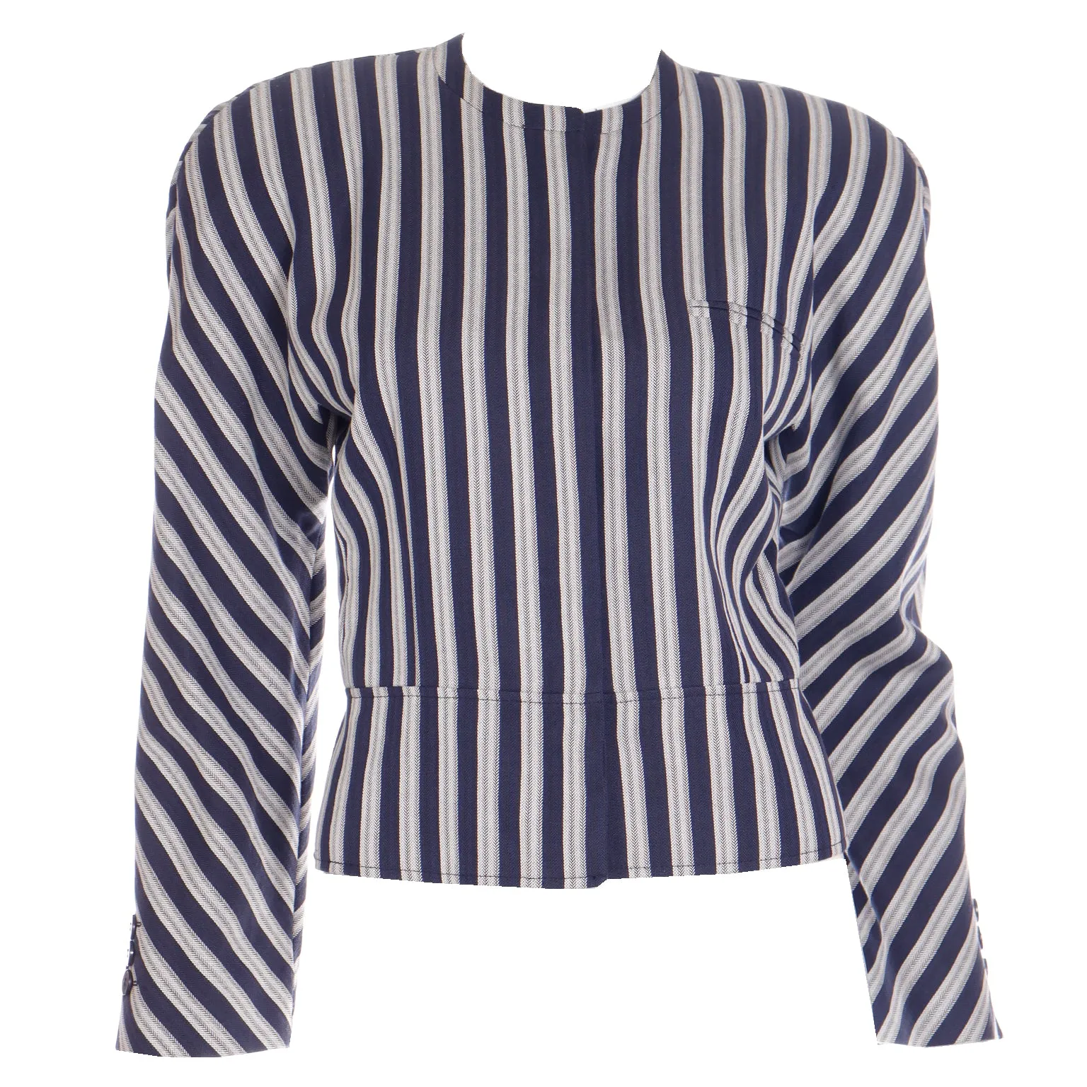 1990s Giorgio Armani Deadstock Navy Blue & White Striped Cropped Jacket