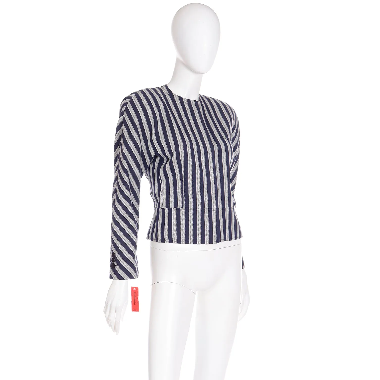 1990s Giorgio Armani Deadstock Navy Blue & White Striped Cropped Jacket