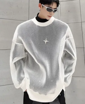 Aidase Darkwear Hollowed Out Mesh Design Long Sleeve Men Sweatshirt New Autumn Korean Fashion Long Sleeve Male Tops