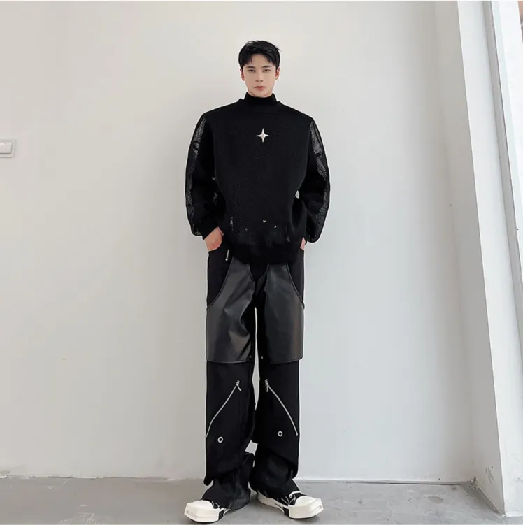 Aidase Darkwear Hollowed Out Mesh Design Long Sleeve Men Sweatshirt New Autumn Korean Fashion Long Sleeve Male Tops