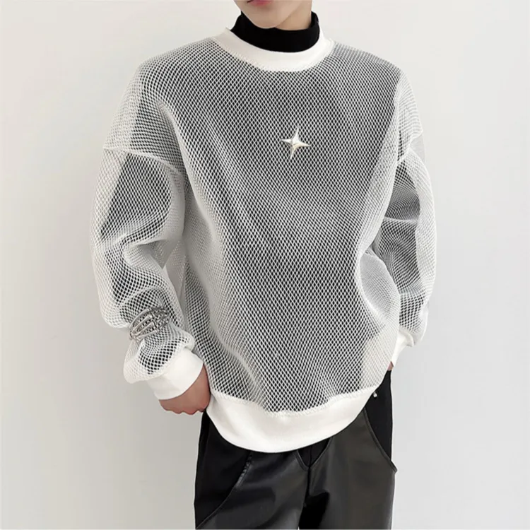 Aidase Darkwear Hollowed Out Mesh Design Long Sleeve Men Sweatshirt New Autumn Korean Fashion Long Sleeve Male Tops
