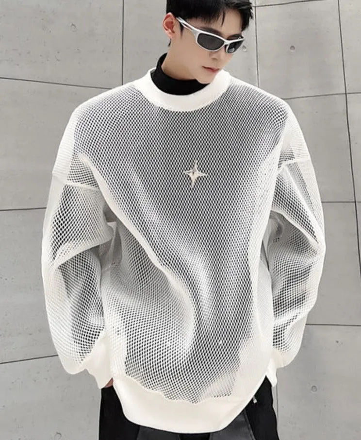 Aidase Darkwear Hollowed Out Mesh Design Long Sleeve Men Sweatshirt New Autumn Korean Fashion Long Sleeve Male Tops