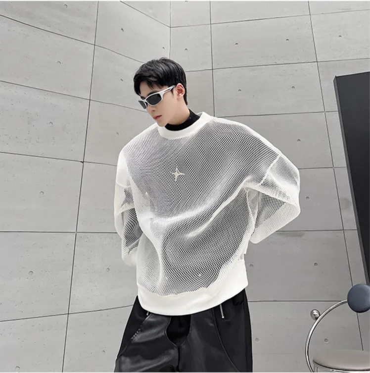 Aidase Darkwear Hollowed Out Mesh Design Long Sleeve Men Sweatshirt New Autumn Korean Fashion Long Sleeve Male Tops