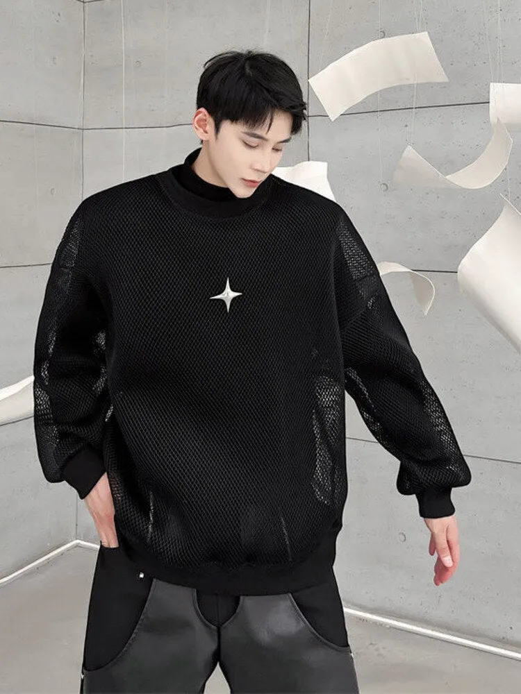 Aidase Darkwear Hollowed Out Mesh Design Long Sleeve Men Sweatshirt New Autumn Korean Fashion Long Sleeve Male Tops