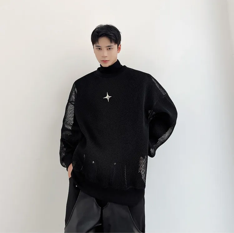 Aidase Darkwear Hollowed Out Mesh Design Long Sleeve Men Sweatshirt New Autumn Korean Fashion Long Sleeve Male Tops