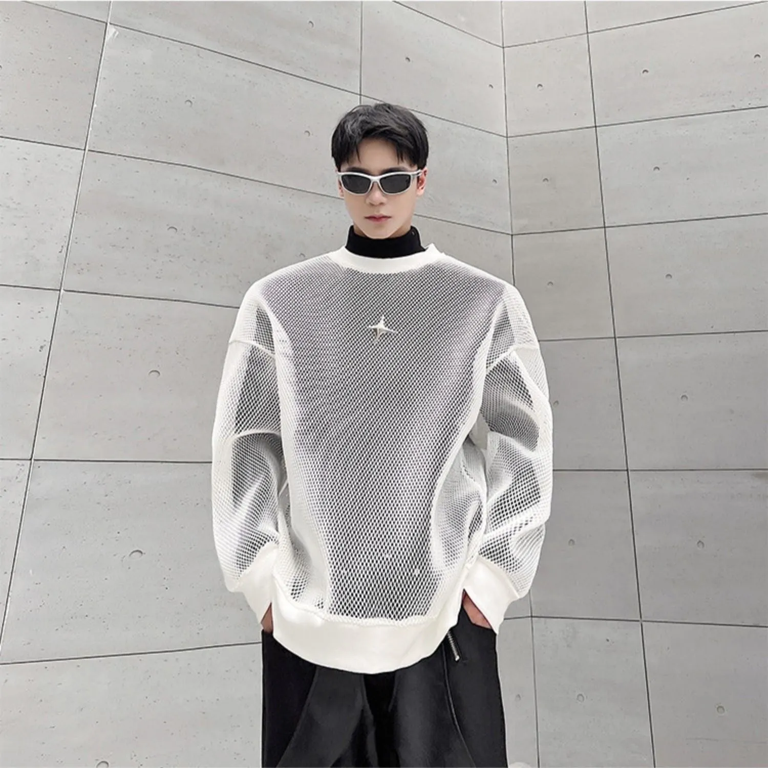 Aidase Darkwear Hollowed Out Mesh Design Long Sleeve Men Sweatshirt New Autumn Korean Fashion Long Sleeve Male Tops