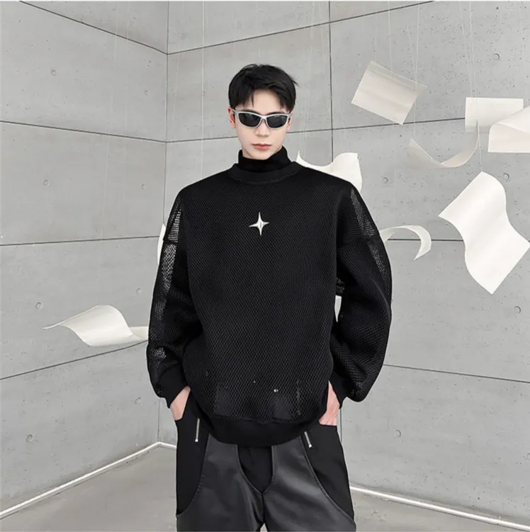 Aidase Darkwear Hollowed Out Mesh Design Long Sleeve Men Sweatshirt New Autumn Korean Fashion Long Sleeve Male Tops
