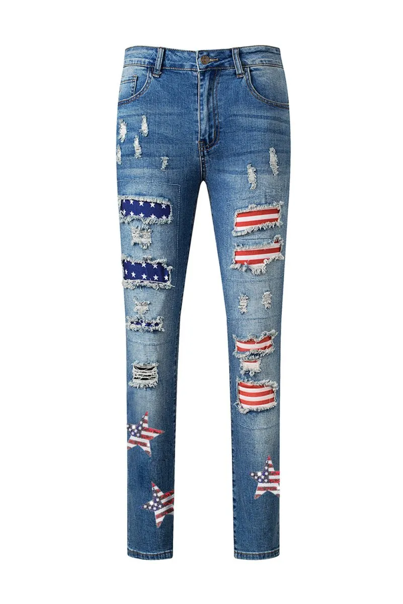 American Flag Sequin Star Distressed Graphic Denims