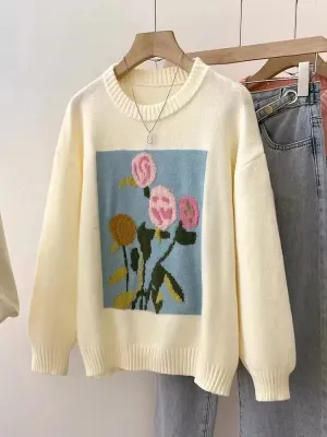 Autumn Winter Casual Floral Jacquard Sweaters Women Round Neck Loose Sweatshirt Lady Long Sleeve Pullover Top C-280