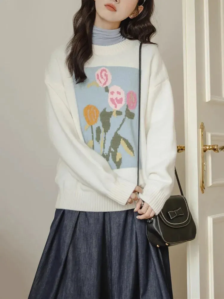 Autumn Winter Casual Floral Jacquard Sweaters Women Round Neck Loose Sweatshirt Lady Long Sleeve Pullover Top C-280