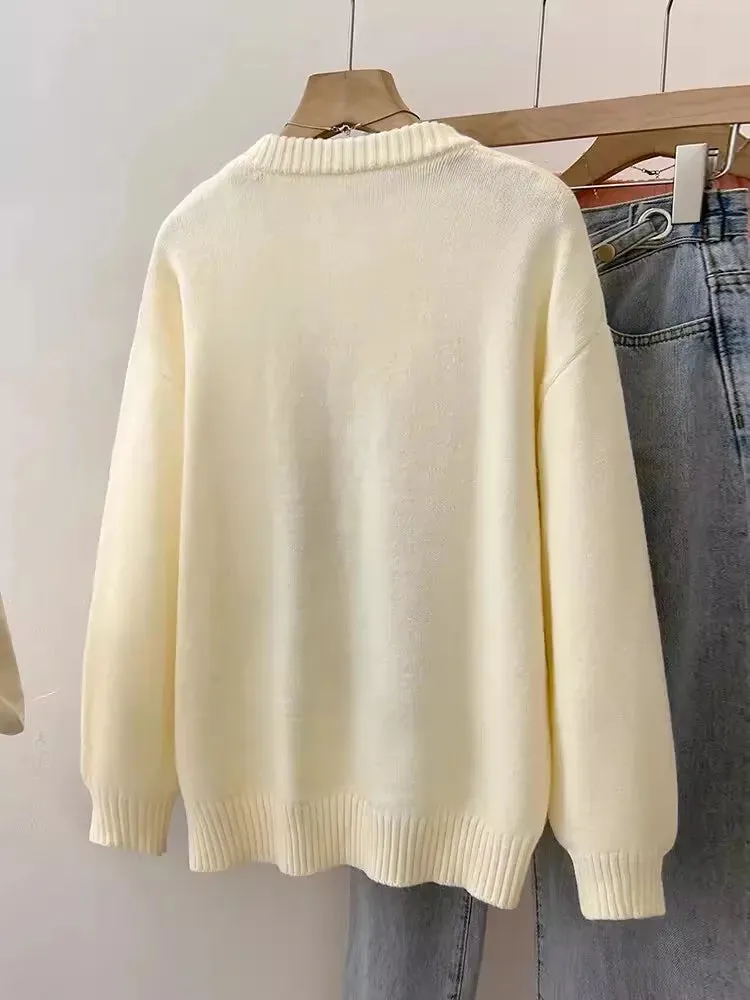 Autumn Winter Casual Floral Jacquard Sweaters Women Round Neck Loose Sweatshirt Lady Long Sleeve Pullover Top C-280