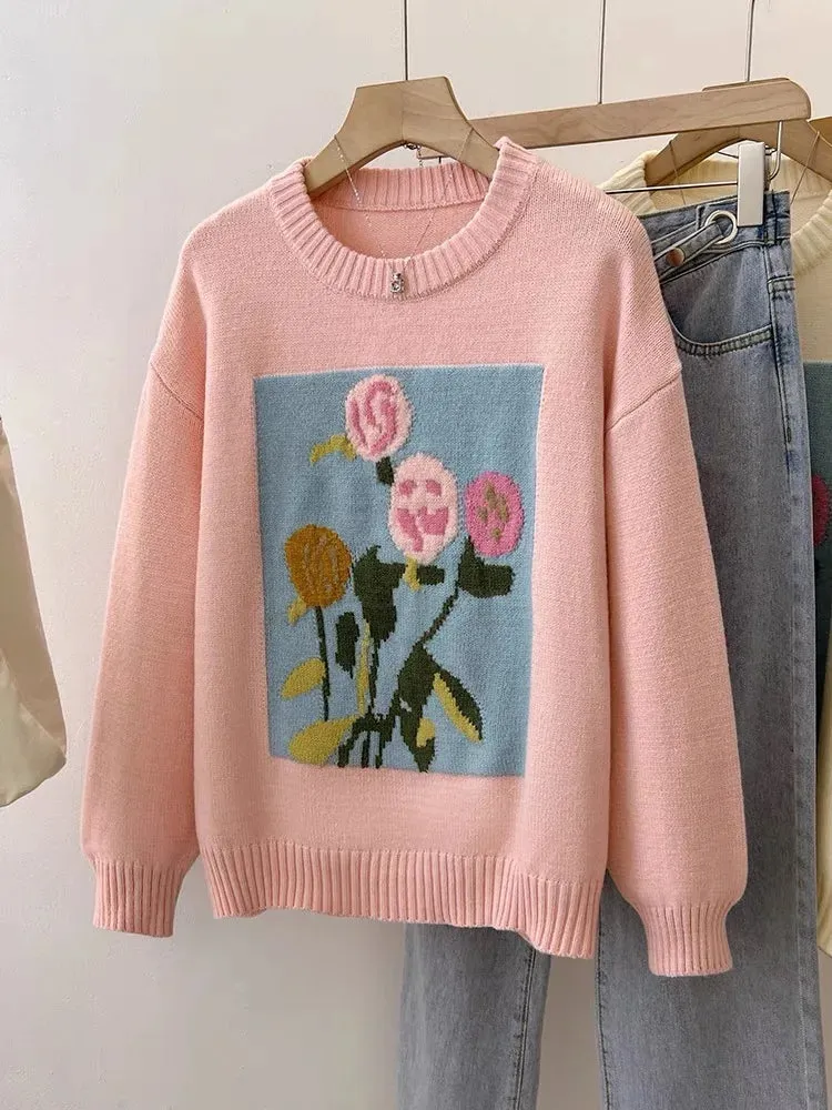 Autumn Winter Casual Floral Jacquard Sweaters Women Round Neck Loose Sweatshirt Lady Long Sleeve Pullover Top C-280