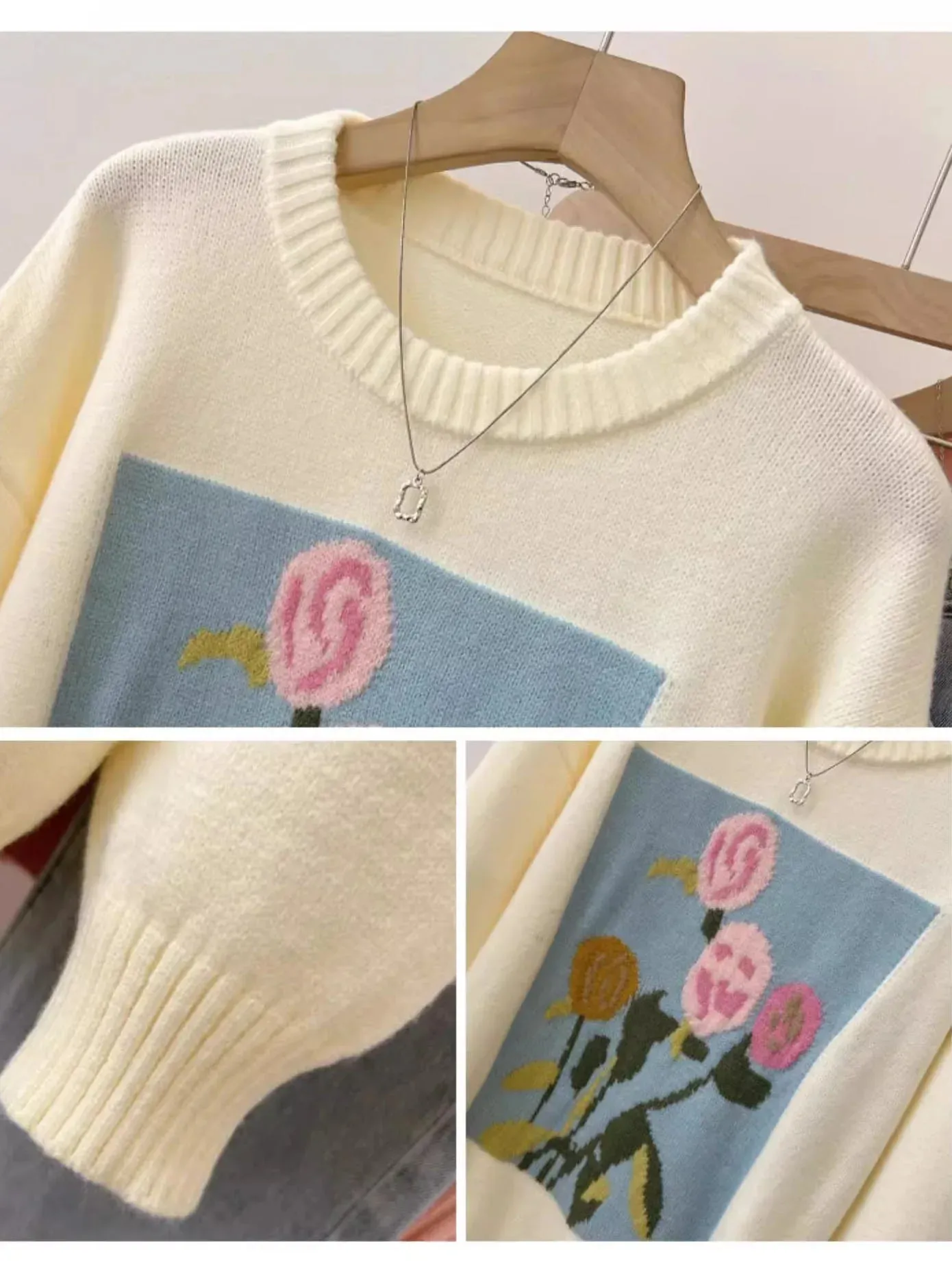 Autumn Winter Casual Floral Jacquard Sweaters Women Round Neck Loose Sweatshirt Lady Long Sleeve Pullover Top C-280