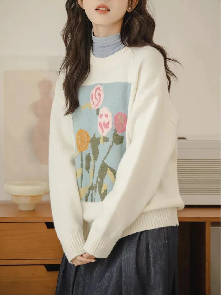 Autumn Winter Casual Floral Jacquard Sweaters Women Round Neck Loose Sweatshirt Lady Long Sleeve Pullover Top C-280