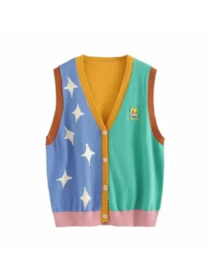 Cartoon Embroidery Sleeveless Tank Sweater For Women Winter V Neck Sleeve Single-breasted Knitted Pullover Sweet Style Warm Tops