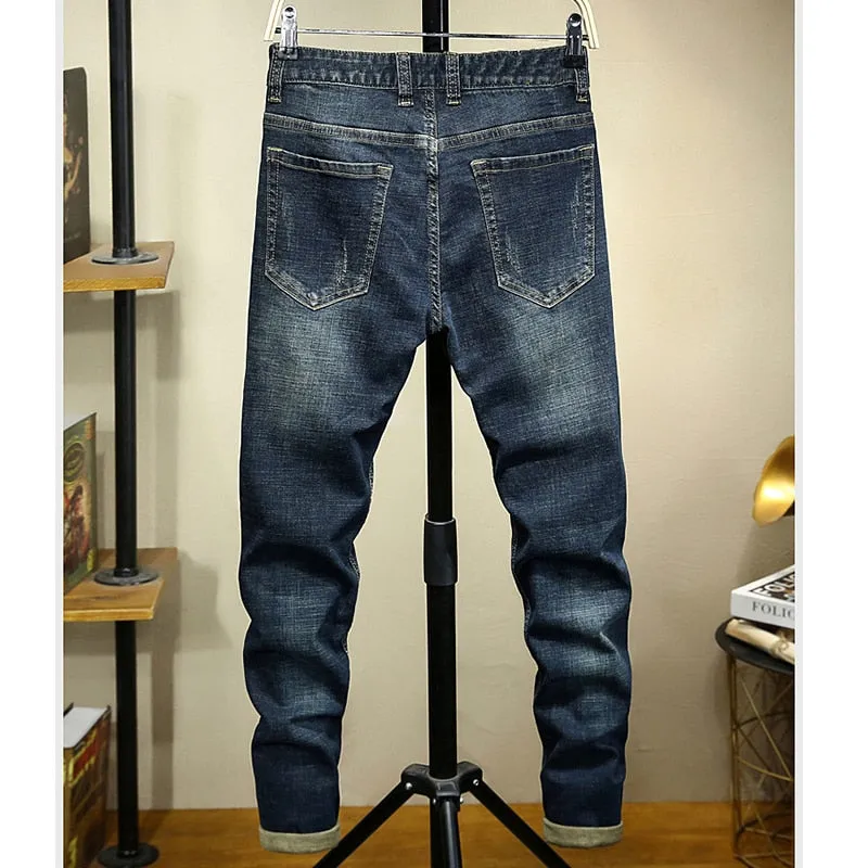 Cartoonish Patchwork Embroidery Men Slim Fit Jeans