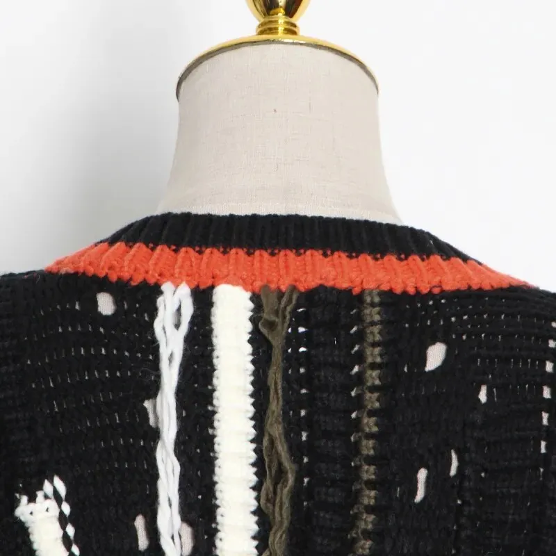 Casual Patchwork Tassel Sweater For Women V Neck Long Sleeve Hit Color High Street Loose Knitted Pullovers Female