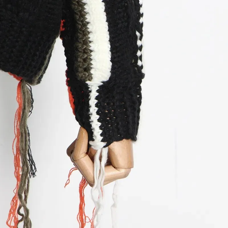 Casual Patchwork Tassel Sweater For Women V Neck Long Sleeve Hit Color High Street Loose Knitted Pullovers Female