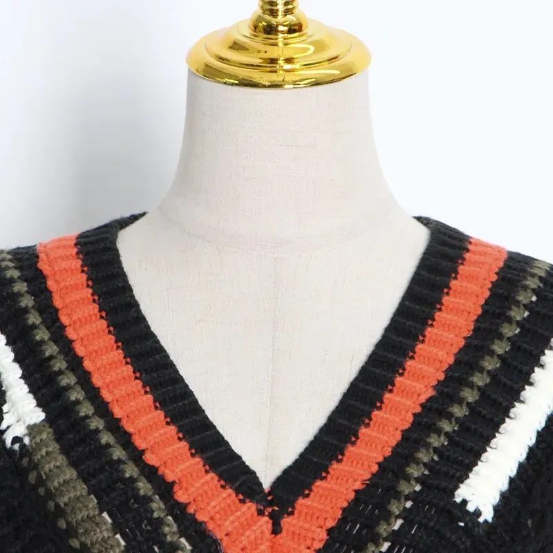 Casual Patchwork Tassel Sweater For Women V Neck Long Sleeve Hit Color High Street Loose Knitted Pullovers Female