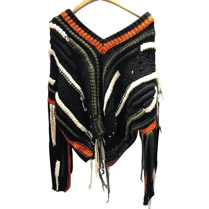 Casual Patchwork Tassel Sweater For Women V Neck Long Sleeve Hit Color High Street Loose Knitted Pullovers Female