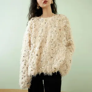 Casual Spliced Sequins Sweaters For Women Round Neck Long Sleeve Patchwork Tassel Loose Sweater Female Fashion