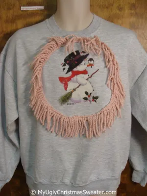 Cheap Tacky Christmas Sweatshirt with Snowman with Bird