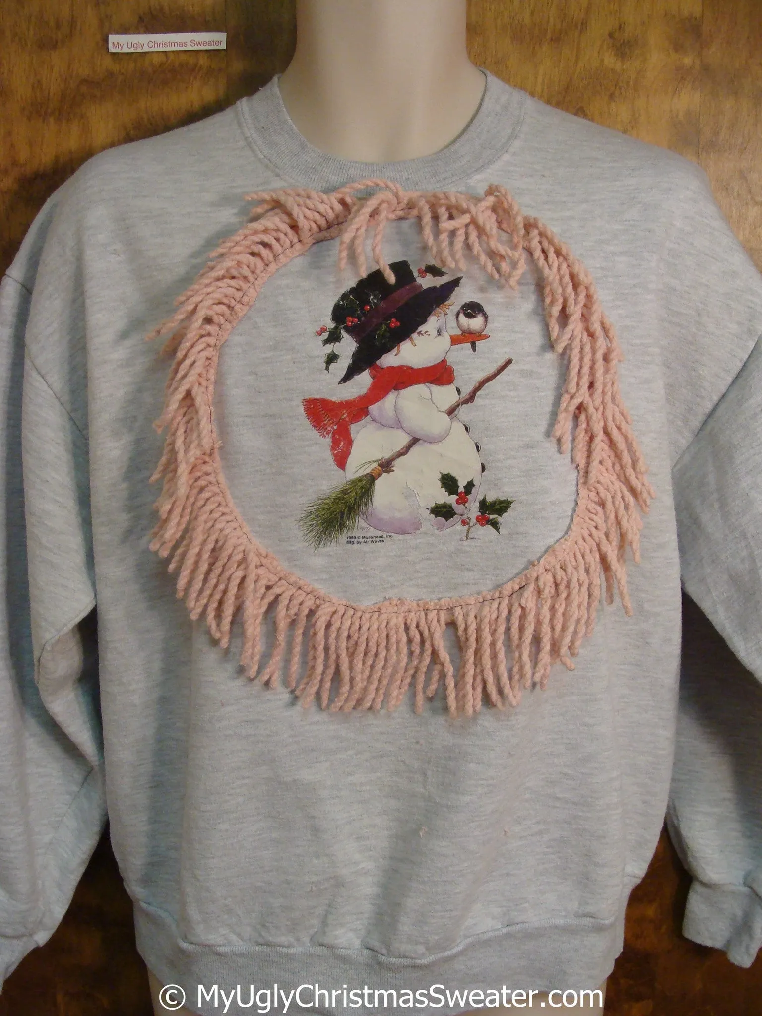 Cheap Tacky Christmas Sweatshirt with Snowman with Bird