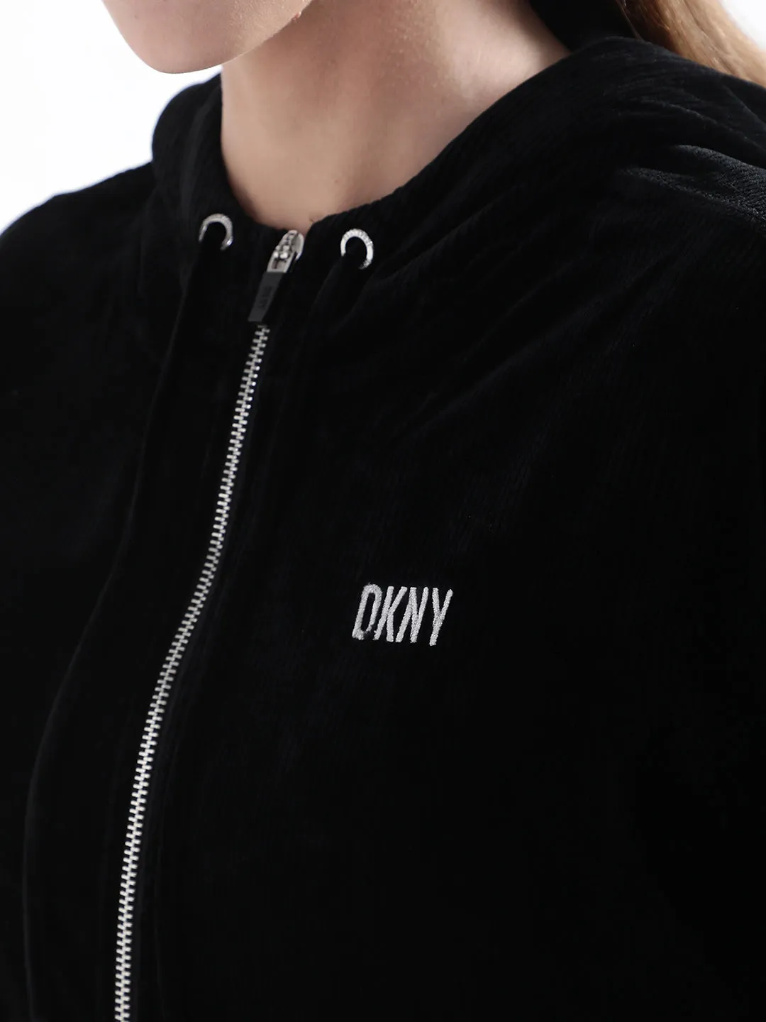 DKNY Women Black Solid Hooded Sweatshirt