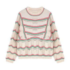 Fall Winter French Color Contrast Striped Sweet Crochet Hollow Knitted Sweater  C-074