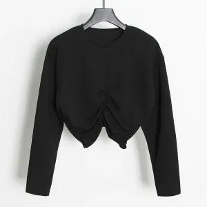 Folds Minimalist Sweatshirts For Women Round Neck Long Sleeve Pullover Loose Sweatshirt Female Fashion Clothes New