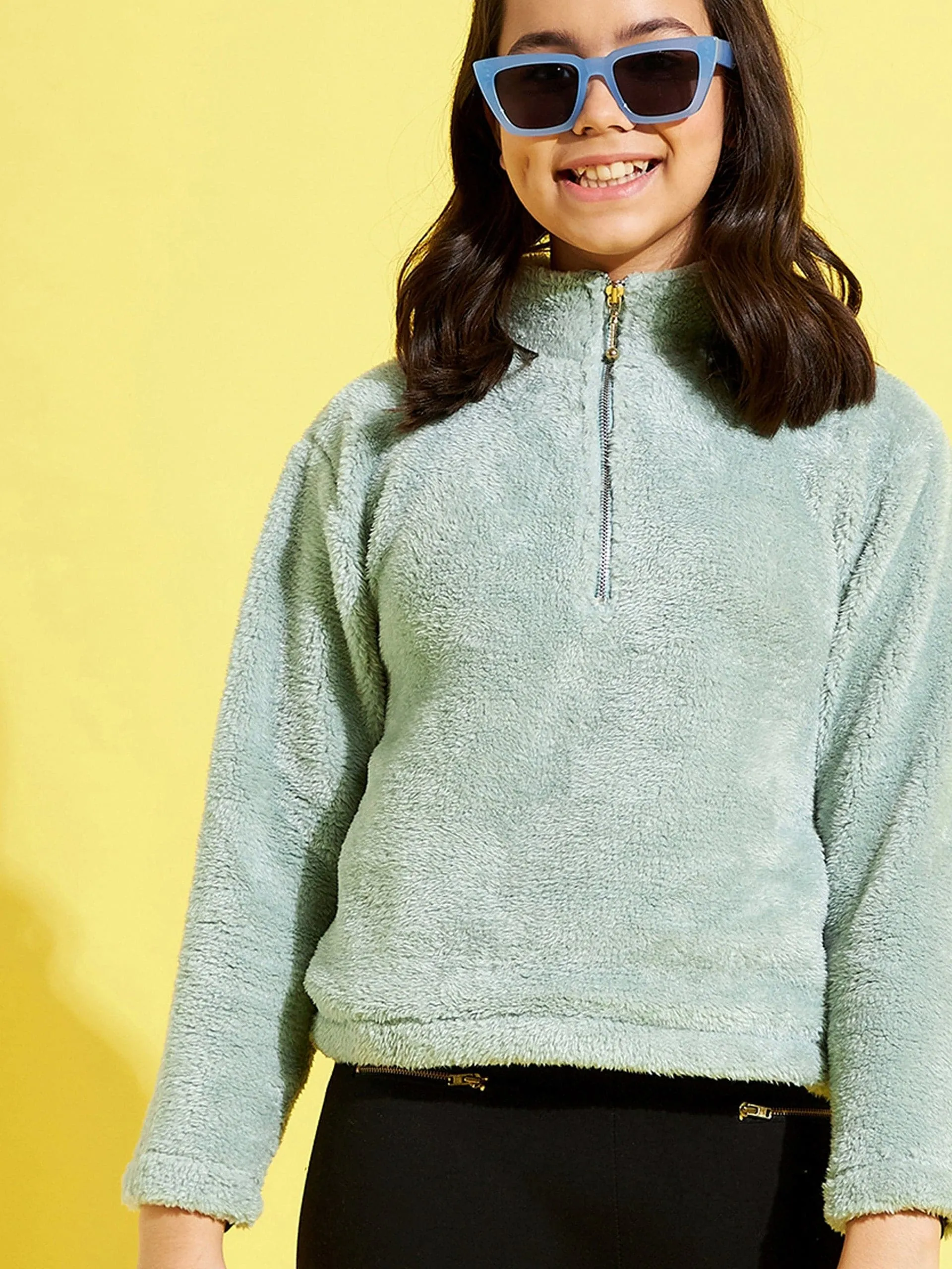 Girls Sea Green Fur Front Zipper Sweatshirt - Lyush Kids