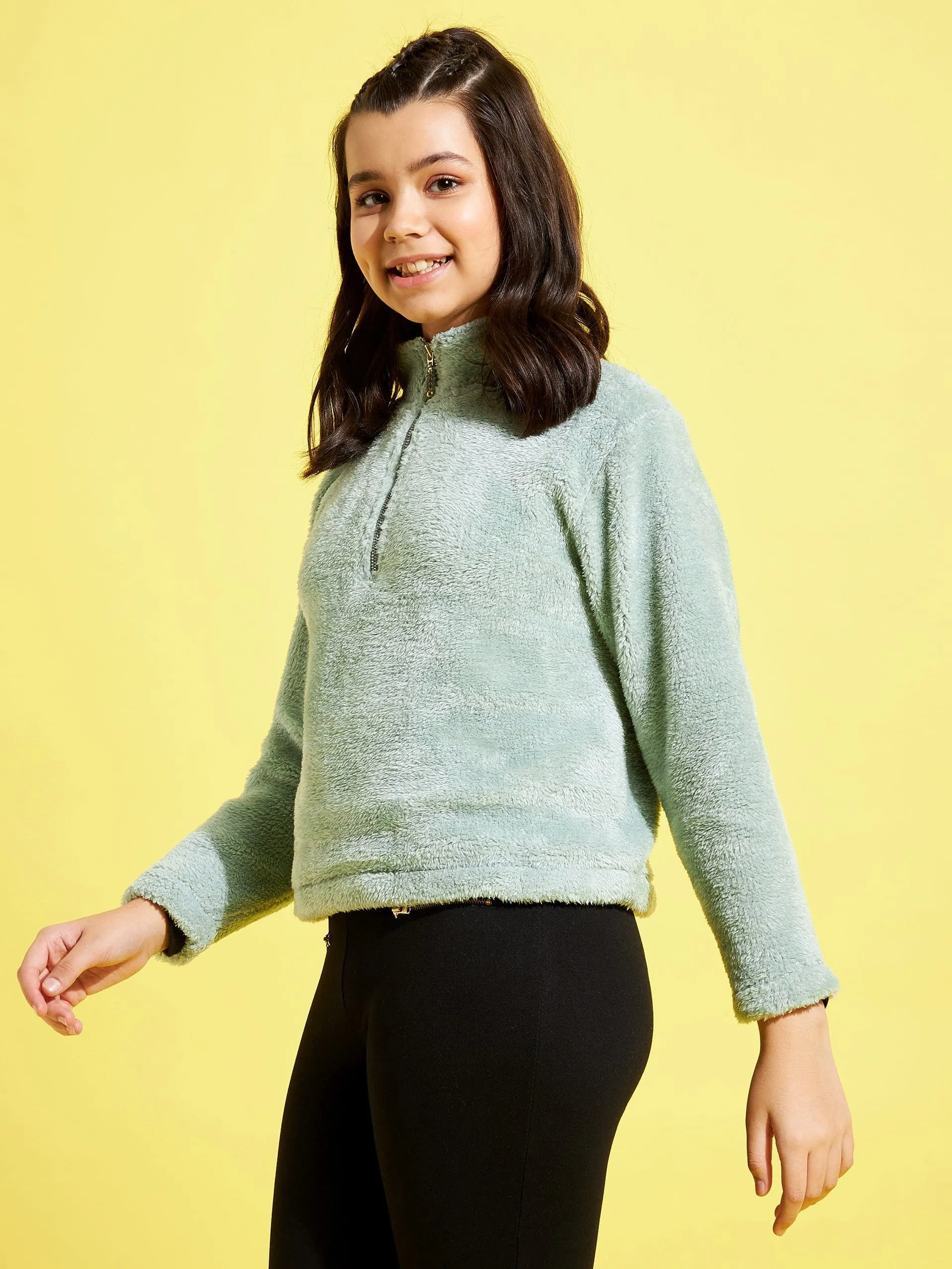 Girls Sea Green Fur Front Zipper Sweatshirt - Lyush Kids