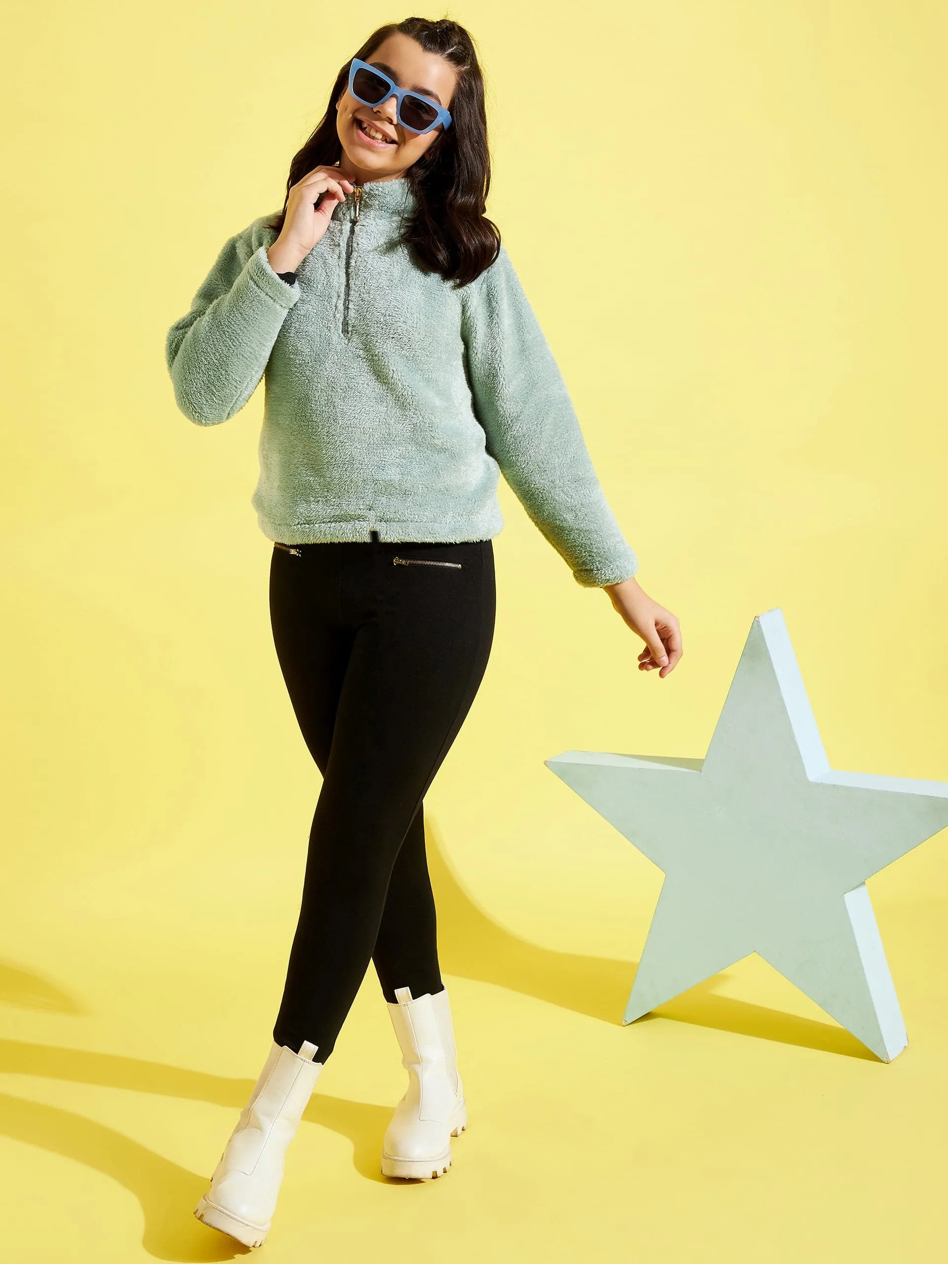 Girls Sea Green Fur Front Zipper Sweatshirt - Lyush Kids
