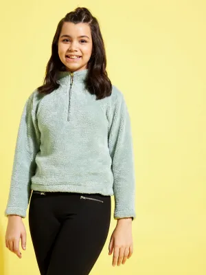 Girls Sea Green Fur Front Zipper Sweatshirt - Lyush Kids
