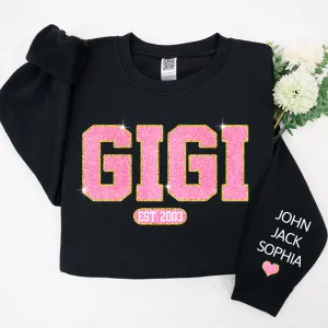Glitter Pink Custom Name Gigi Mimi Nana Grandma Est And Kids Sweatshirt, Idea Gift for Valentine's Day