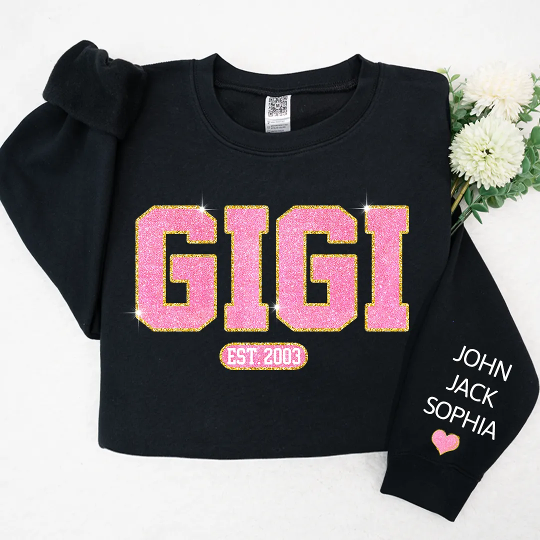 Glitter Pink Custom Name Gigi Mimi Nana Grandma Est And Kids Sweatshirt, Idea Gift for Valentine's Day
