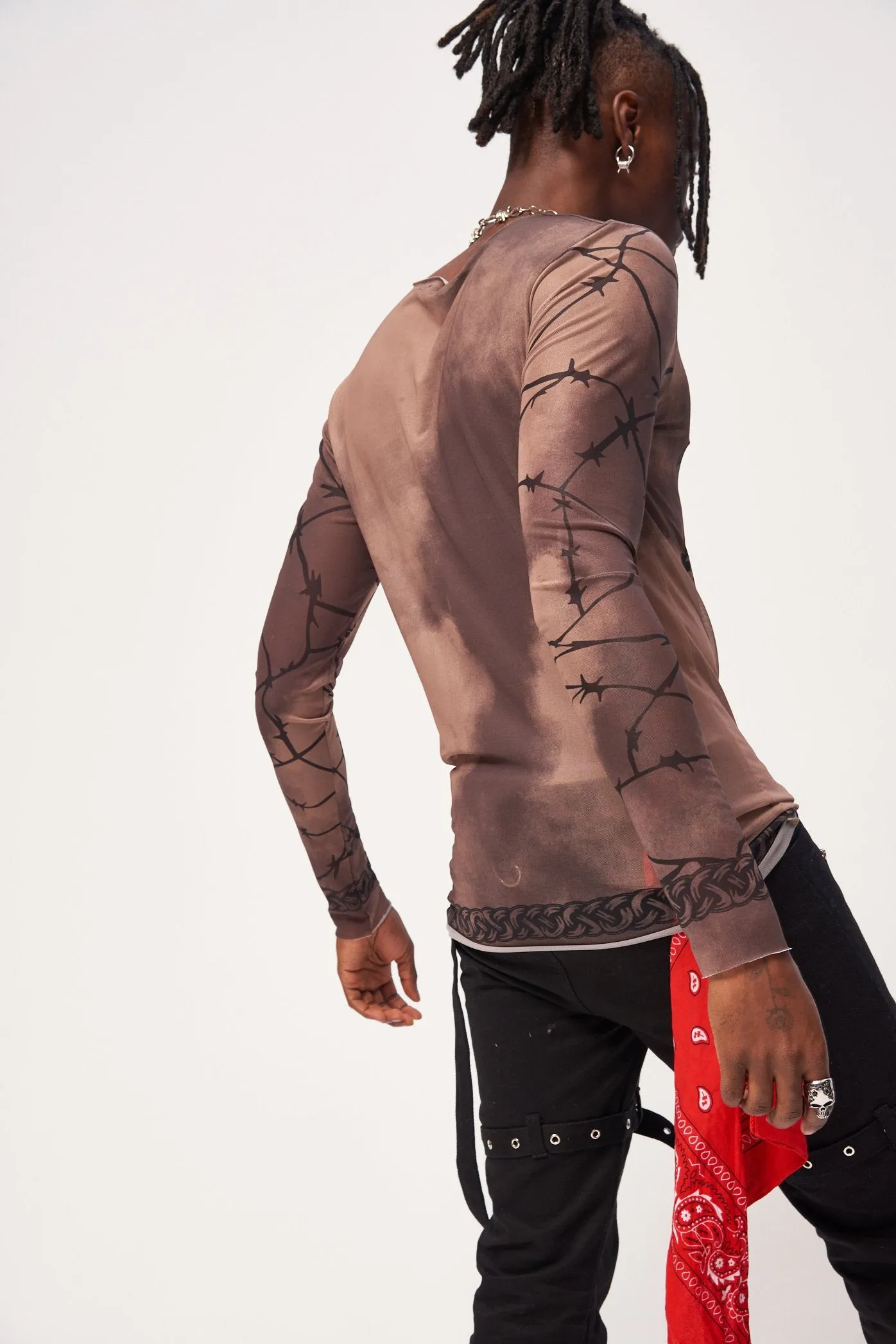 Gothic Print Long Sleeve Mesh Crew Neck