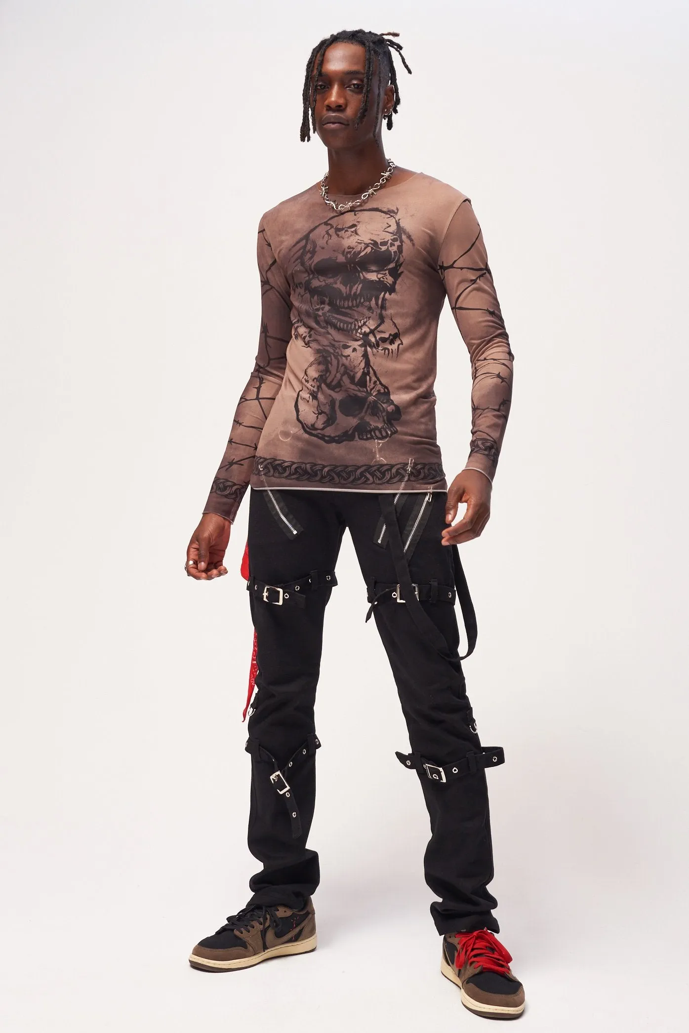 Gothic Print Long Sleeve Mesh Crew Neck