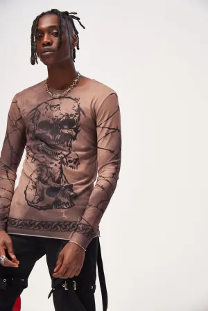 Gothic Print Long Sleeve Mesh Crew Neck