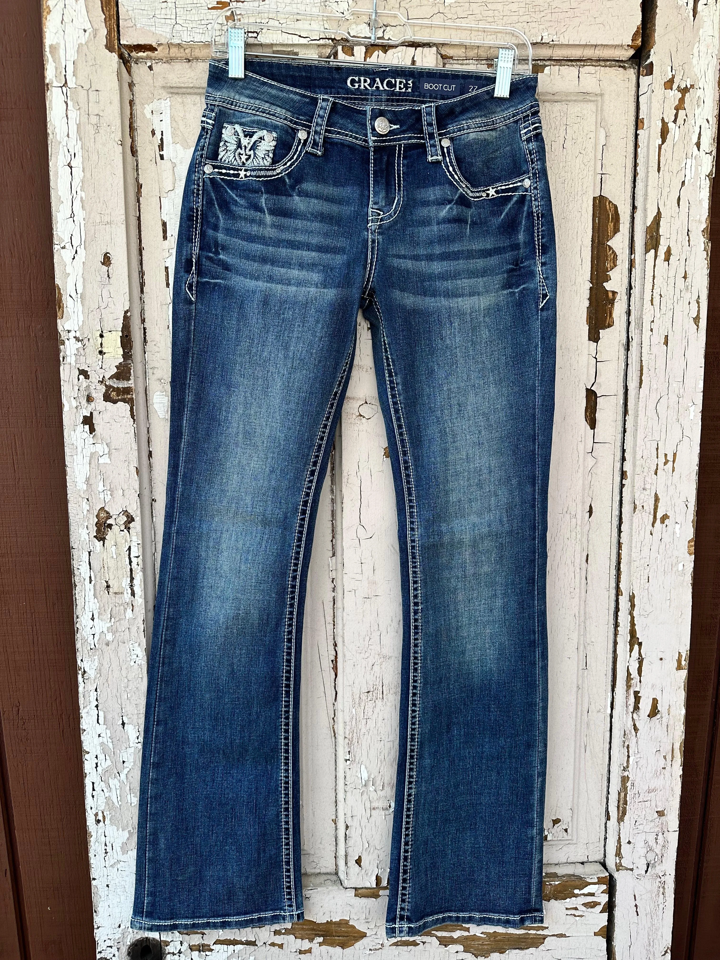 Grace in LA Women's Faux Flap Wing Mid-Rise Boot Cut Jeans JB81667SL