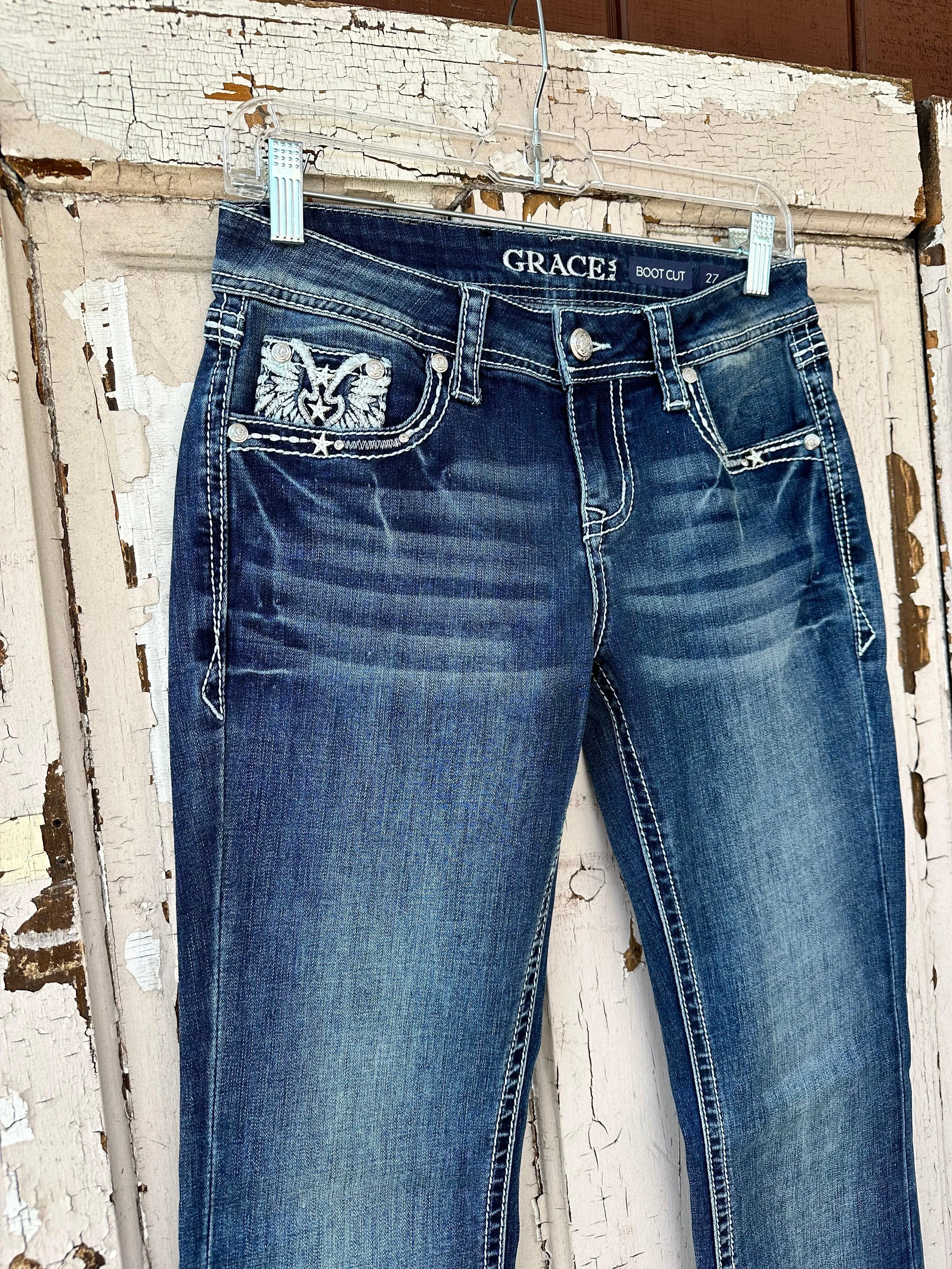 Grace in LA Women's Faux Flap Wing Mid-Rise Boot Cut Jeans JB81667SL