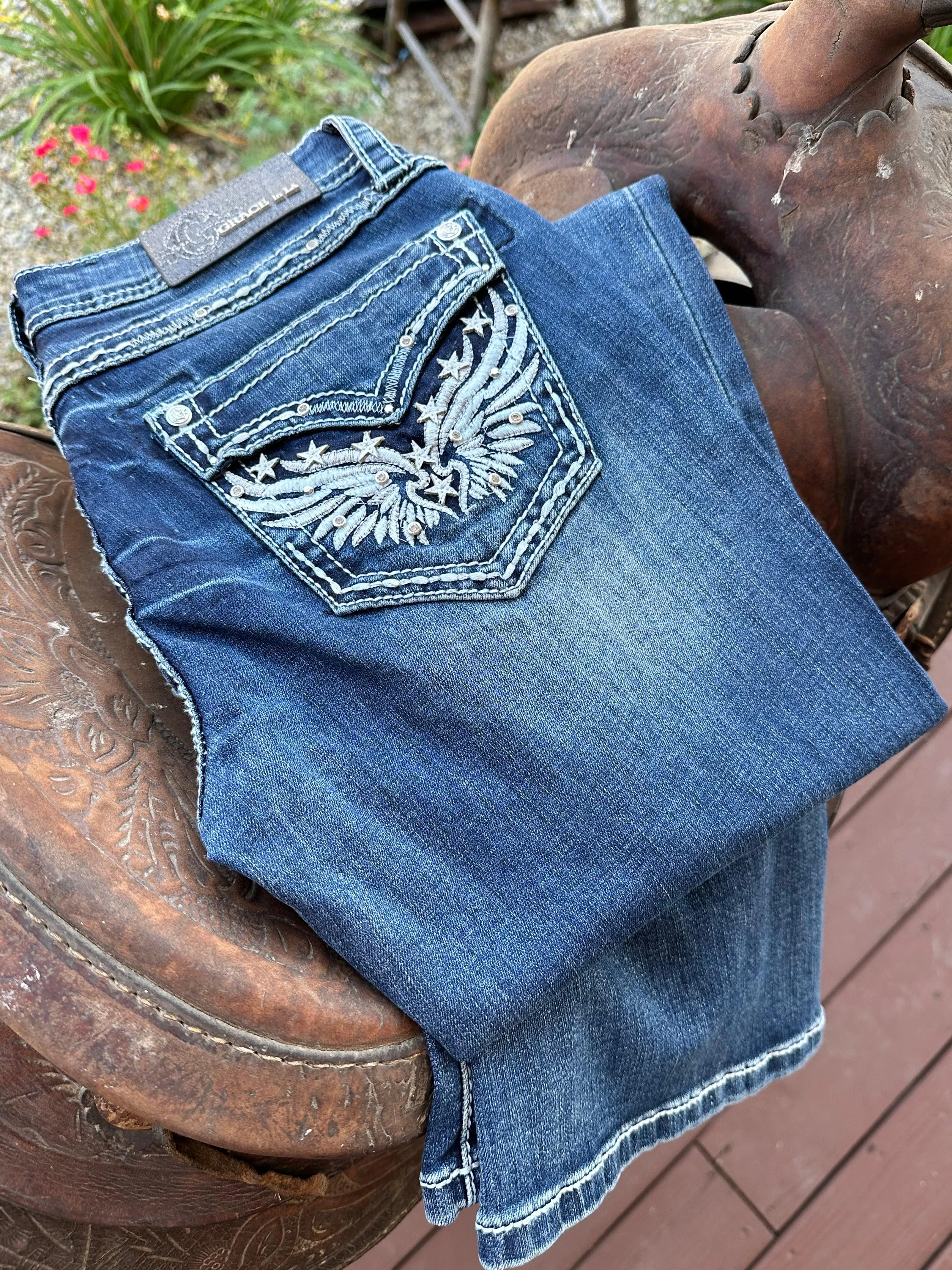 Grace in LA Women's Faux Flap Wing Mid-Rise Boot Cut Jeans JB81667SL