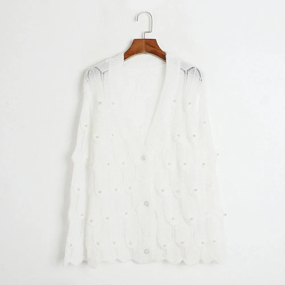 Gradient Casual Loose Knitting Sweaters For Women V Neck Long Sleeve Patchwork Pearls Temperament Sweater Female