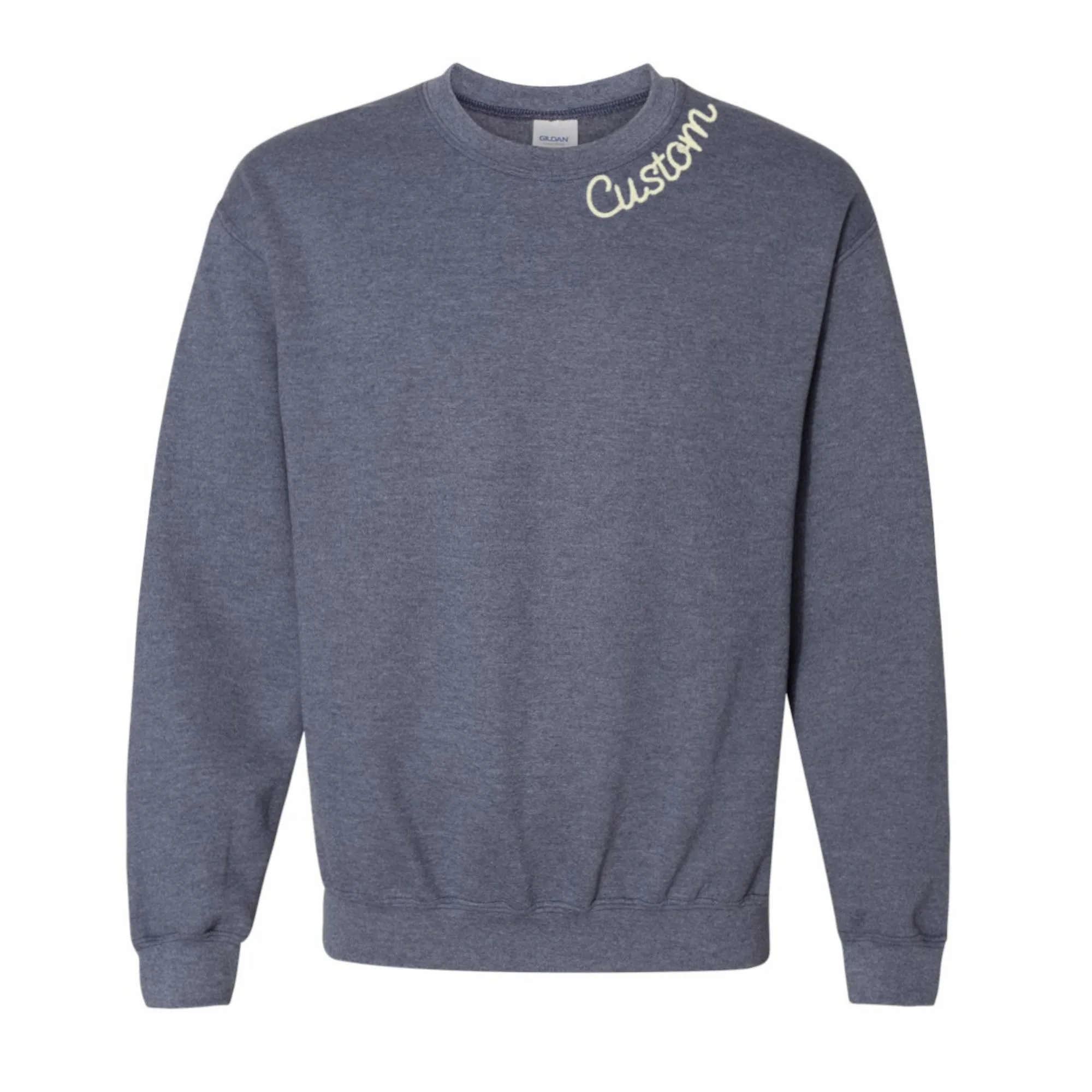Heather Navy Blue Custom Embroidered Crewneck Sweatshirt - Personalized Chain Stitch