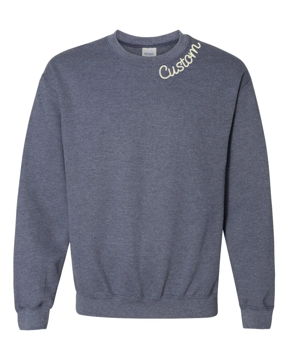 Heather Navy Blue Custom Embroidered Crewneck Sweatshirt - Personalized Chain Stitch