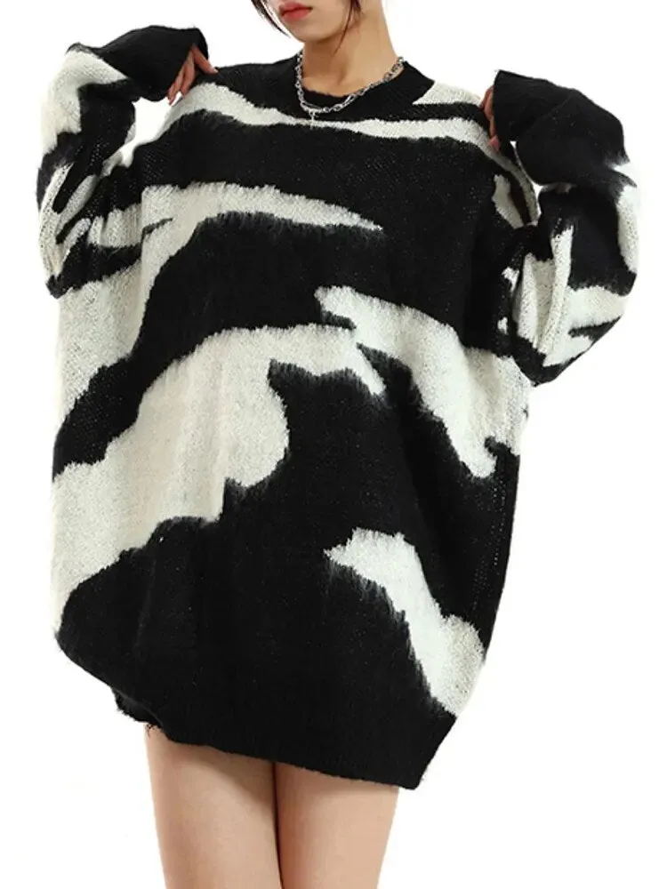 Hit Color Knitting Sweaters For Women Rpond Neck Long Sleeve Loose Casual Winter Pullover Sweater Female Clothing
