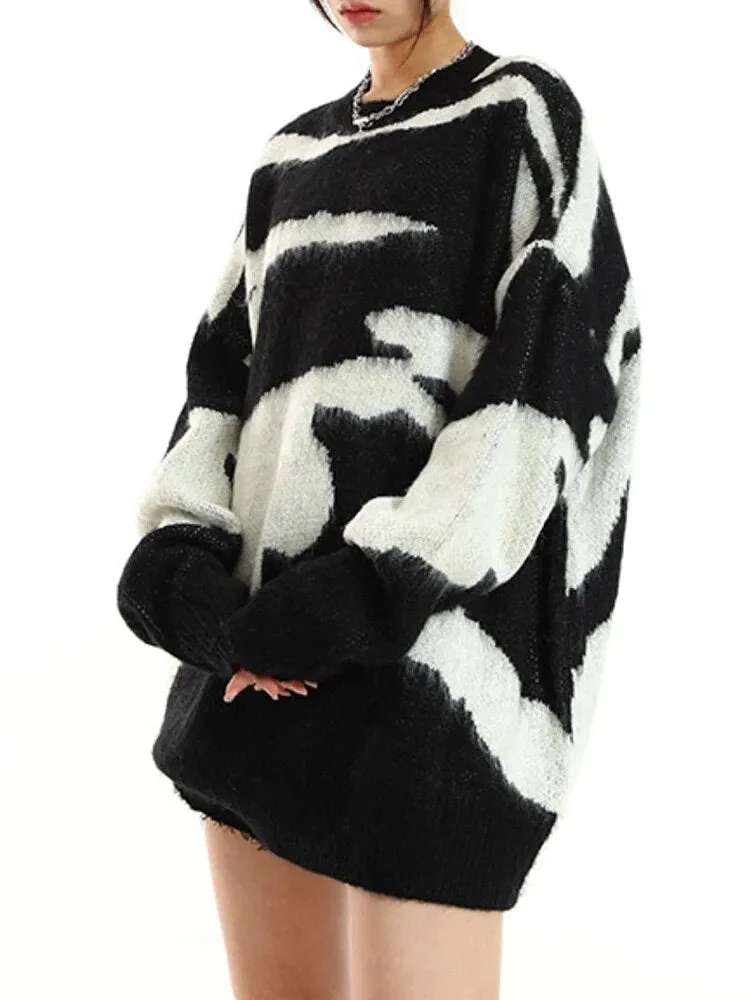 Hit Color Knitting Sweaters For Women Rpond Neck Long Sleeve Loose Casual Winter Pullover Sweater Female Clothing