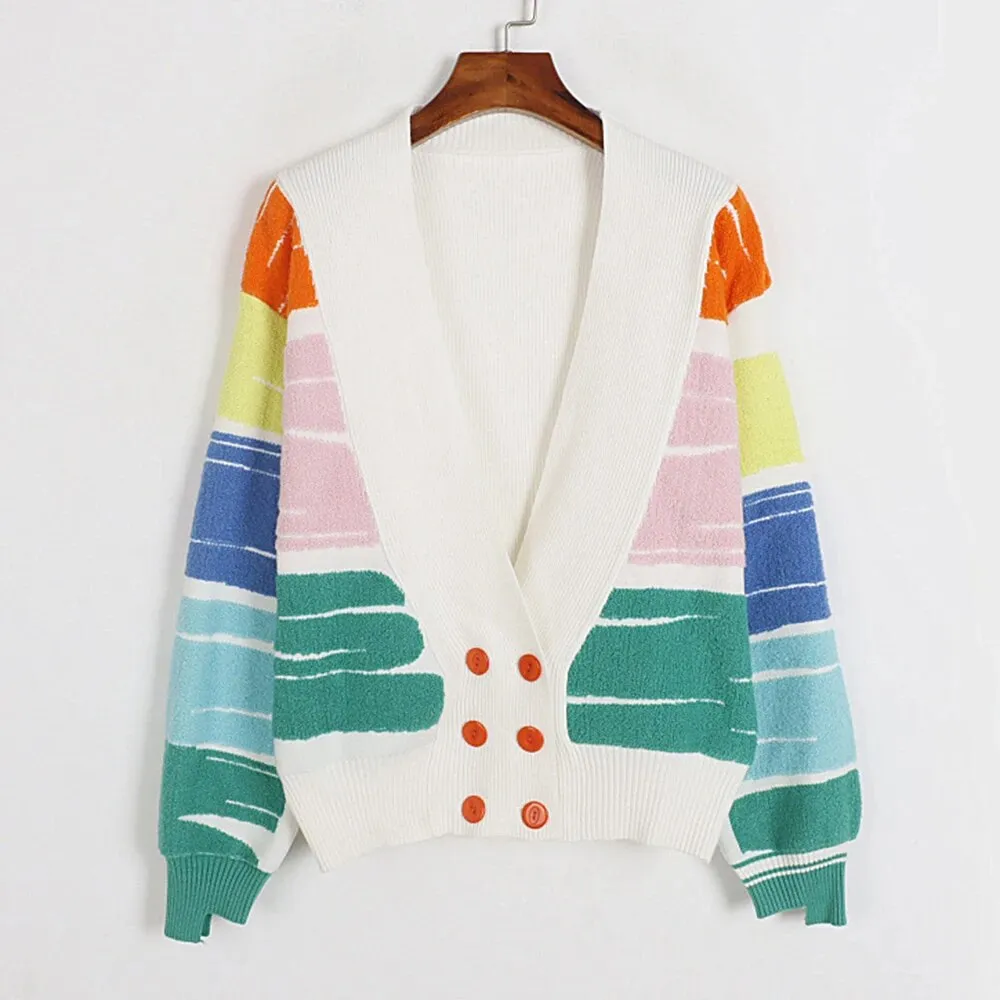 Hit Color Loose Sweater For Women V Neck Long Sleeve Knitting Patchwork Double Breasted Tops Female Fashion